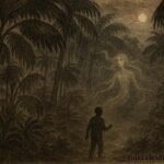 An artwork of mystical coco-de-mer grove in Seychelles with unseen guardian spirit protecting sacred forest.