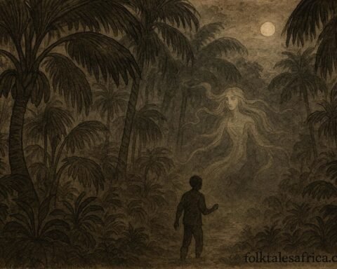 An artwork of mystical coco-de-mer grove in Seychelles with unseen guardian spirit protecting sacred forest.