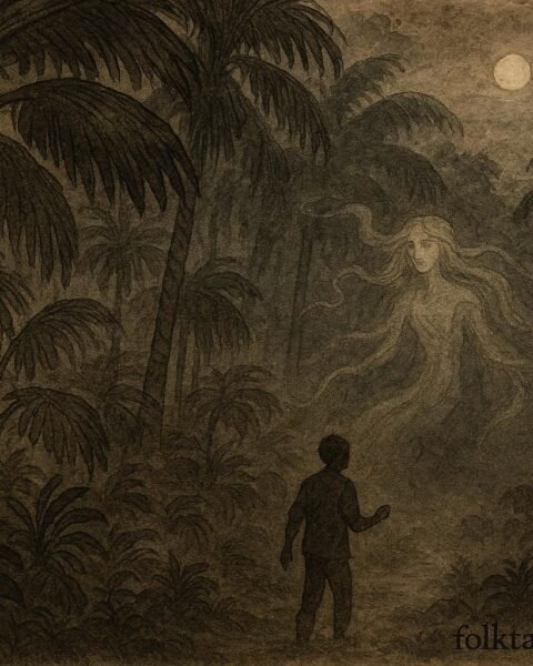 An artwork of mystical coco-de-mer grove in Seychelles with unseen guardian spirit protecting sacred forest.