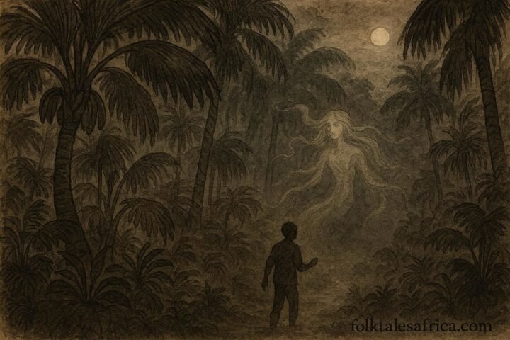 An artwork of mystical coco-de-mer grove in Seychelles with unseen guardian spirit protecting sacred forest.