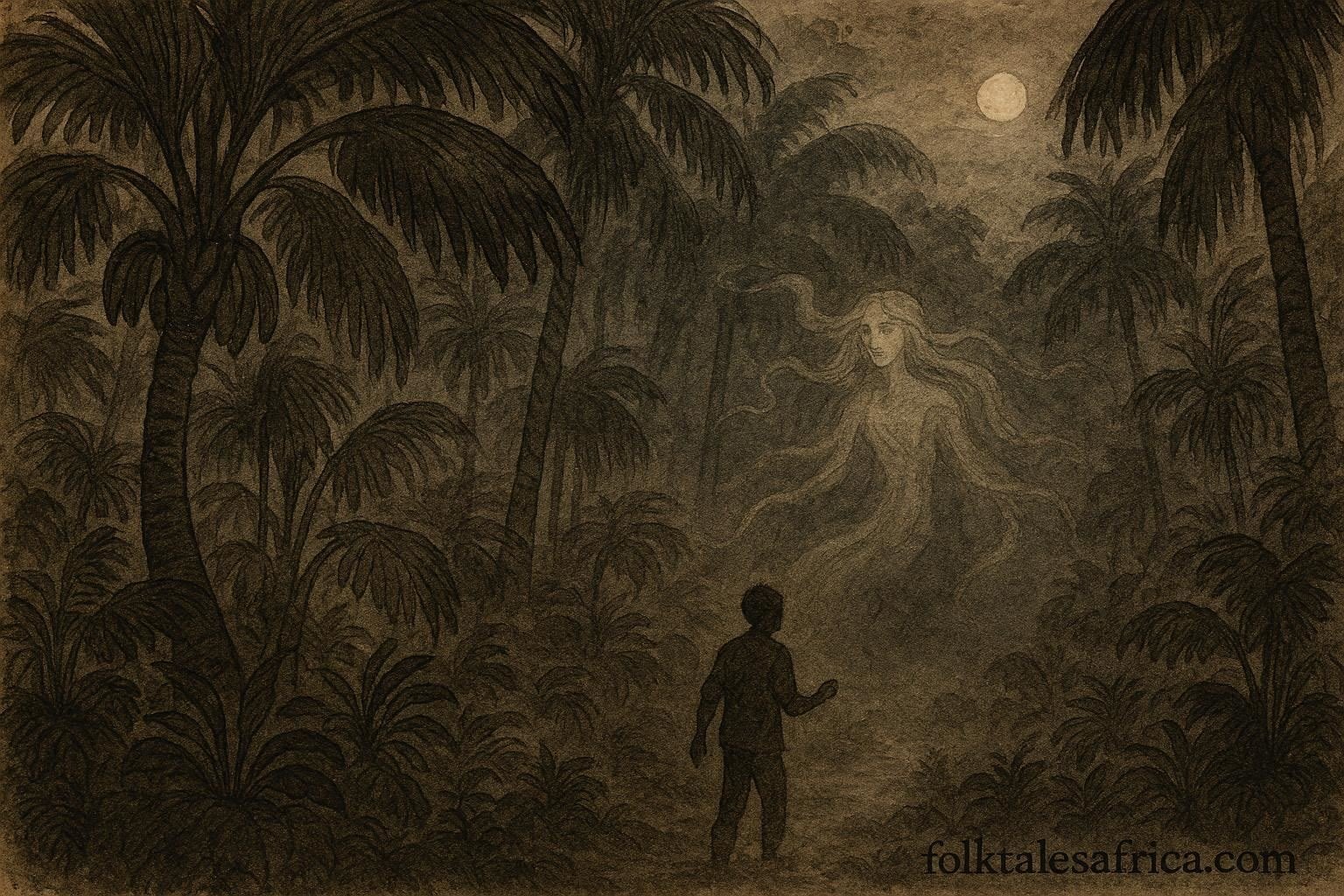 An artwork of mystical coco-de-mer grove in Seychelles with unseen guardian spirit protecting sacred forest.