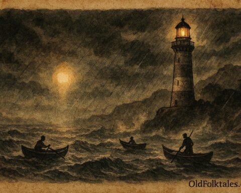 An artwork of mysterious glowing light near Albion Lighthouse during storm, Mauritian coastal folktale scene.