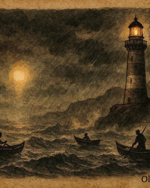 An artwork of mysterious glowing light near Albion Lighthouse during storm, Mauritian coastal folktale scene.