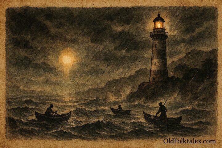 An artwork of mysterious glowing light near Albion Lighthouse during storm, Mauritian coastal folktale scene.