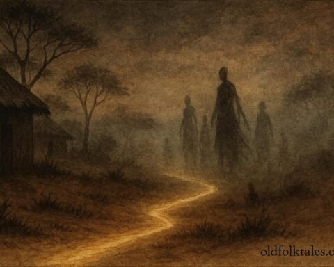A mysterious path leading into a spirit world with shadowy figures near an African village