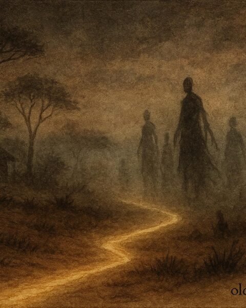A mysterious path leading into a spirit world with shadowy figures near an African village