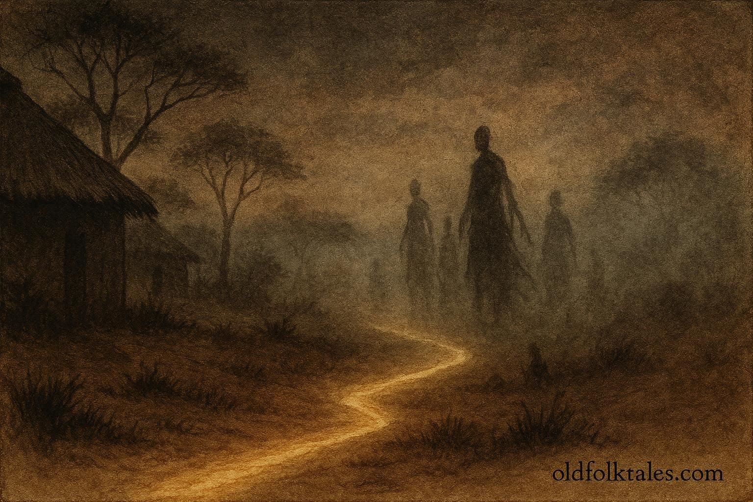 A mysterious path leading into a spirit world with shadowy figures near an African village