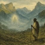 A lone figure standing on a quiet mountain with a faint spiritual presence in the mist
