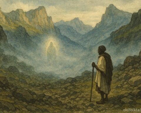 A lone figure standing on a quiet mountain with a faint spiritual presence in the mist