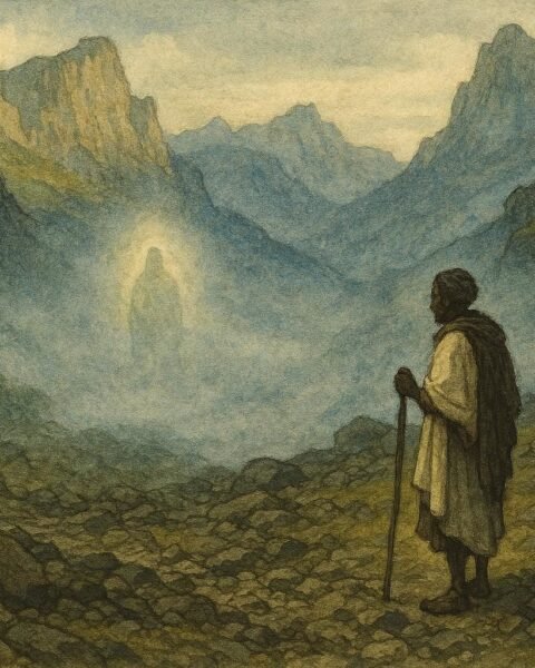 A lone figure standing on a quiet mountain with a faint spiritual presence in the mist