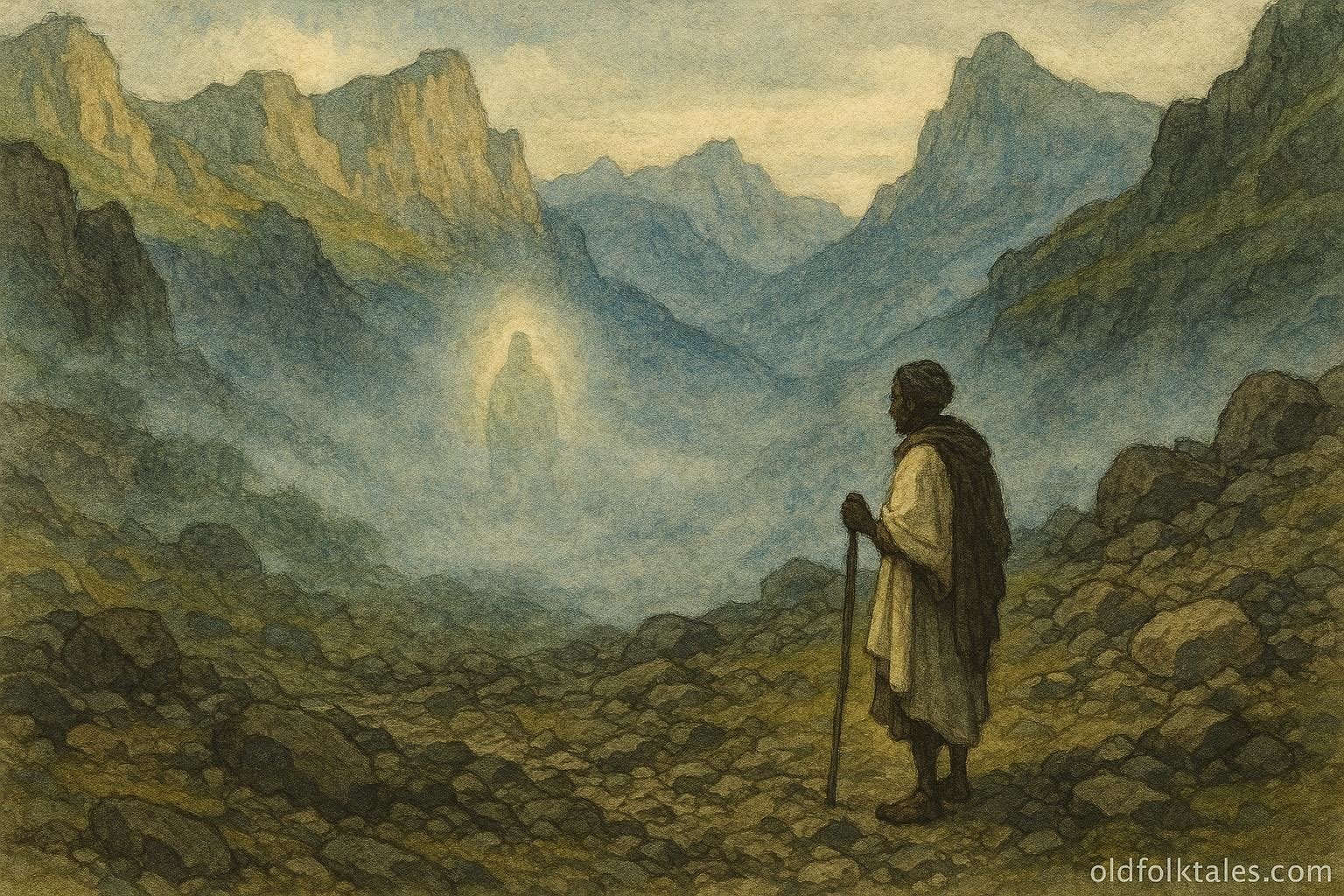 A lone figure standing on a quiet mountain with a faint spiritual presence in the mist