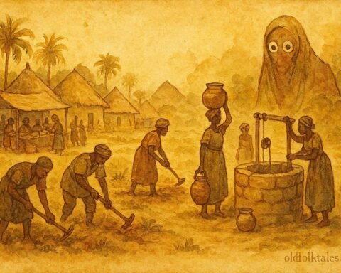 illustration of a hidden spirit observing villagers in Benin marketplace, West African folktale scene.