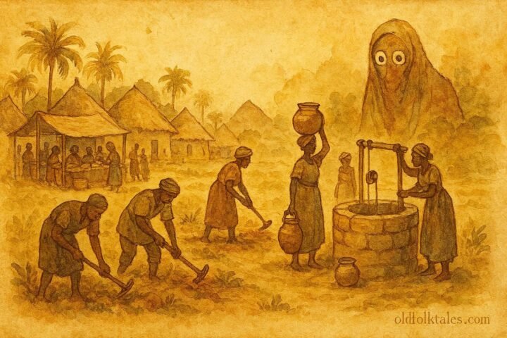 illustration of a hidden spirit observing villagers in Benin marketplace, West African folktale scene.