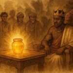 A king forgetting duties after sacred honey, Malagasy royal folktale scene.