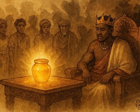 A king forgetting duties after sacred honey, Malagasy royal folktale scene.