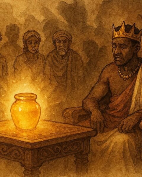 A king forgetting duties after sacred honey, Malagasy royal folktale scene.