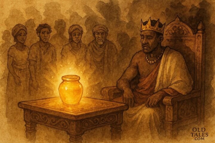 A king forgetting duties after sacred honey, Malagasy royal folktale scene.