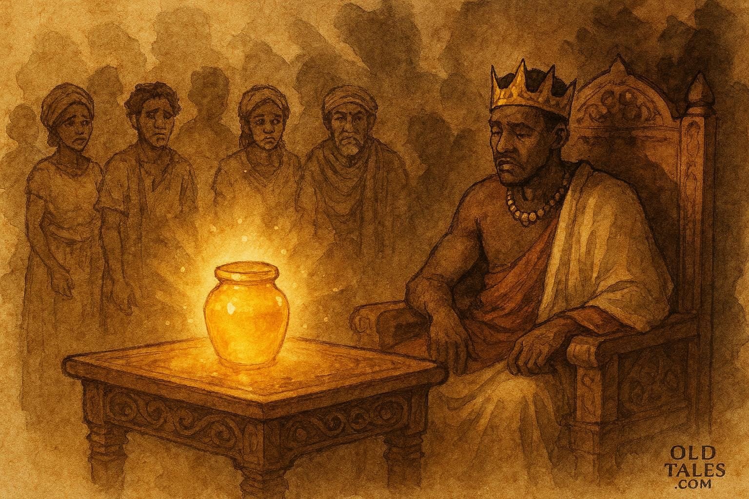 A king forgetting duties after sacred honey, Malagasy royal folktale scene.