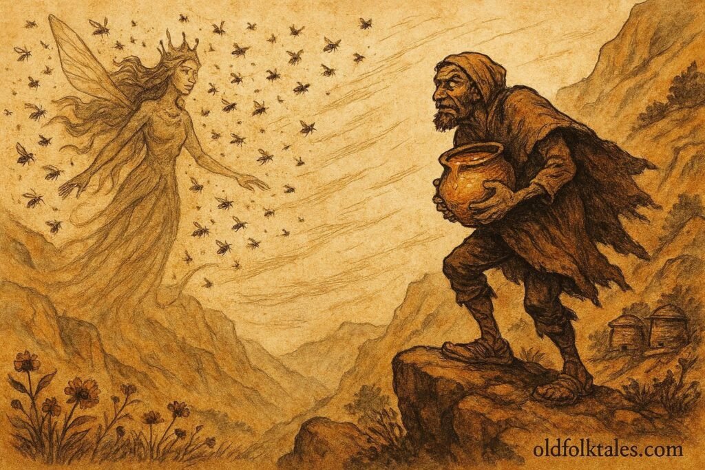 An illustration of Bee Queen cursing honey thief in Atlas Mountains beehive scene, Moroccan folktale.