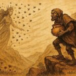 An illustration of Bee Queen cursing honey thief in Atlas Mountains beehive scene, Moroccan folktale.