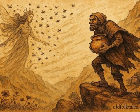 An illustration of Bee Queen cursing honey thief in Atlas Mountains beehive scene, Moroccan folktale.