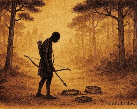 A hunter in forest watched by spirits, Ndowe folktale scene.