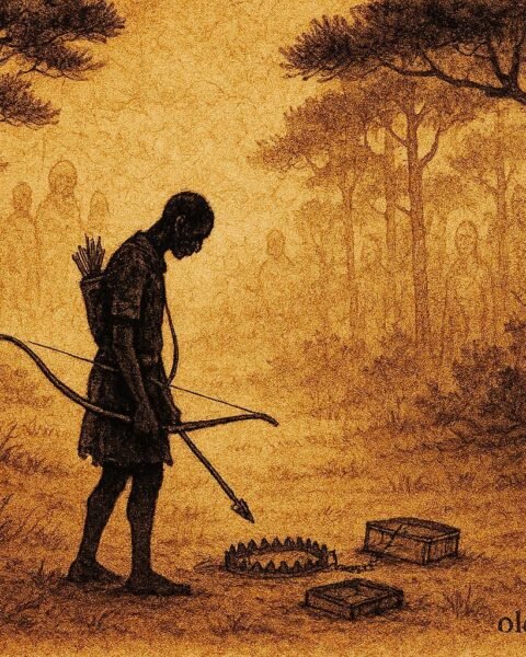 A hunter in forest watched by spirits, Ndowe folktale scene.