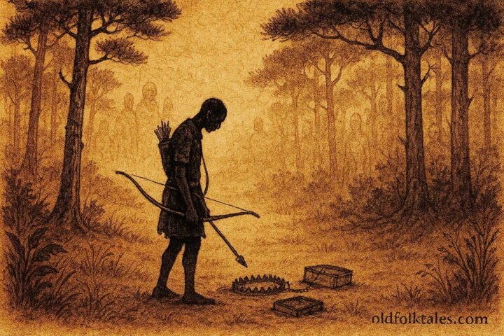 A hunter in forest watched by spirits, Ndowe folktale scene.