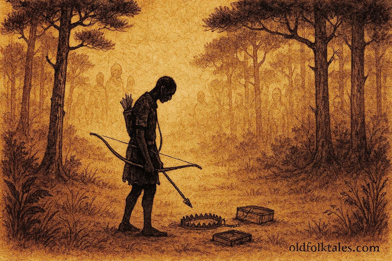 A hunter in forest watched by spirits, Ndowe folktale scene.
