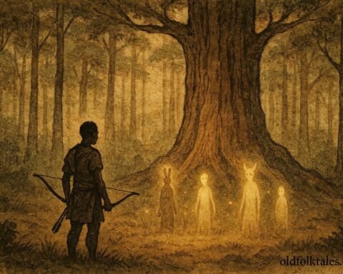 A hunter facing forest spirits in sacred Congo Basin clearing, Luba folktale.