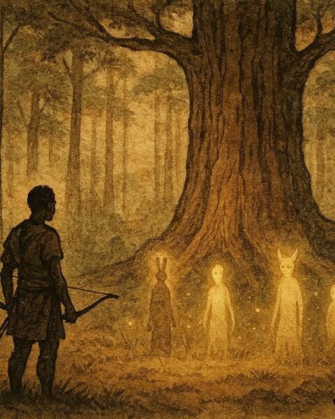 A hunter facing forest spirits in sacred Congo Basin clearing, Luba folktale.