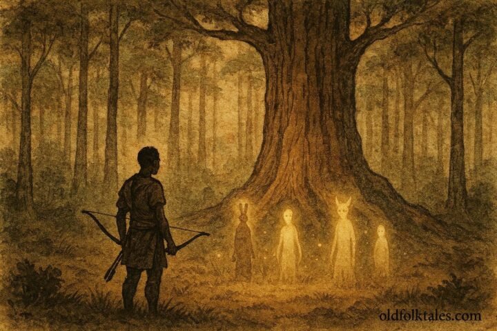 A hunter facing forest spirits in sacred Congo Basin clearing, Luba folktale.