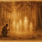 A hunter kneeling before forest spirits in sacred Cameroon forest clearing.