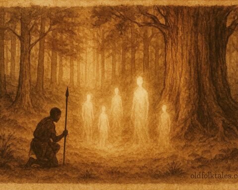 A hunter kneeling before forest spirits in sacred Cameroon forest clearing.