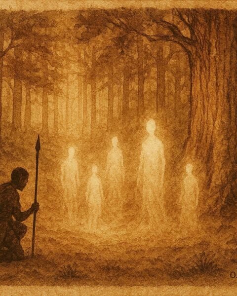 A hunter kneeling before forest spirits in sacred Cameroon forest clearing.