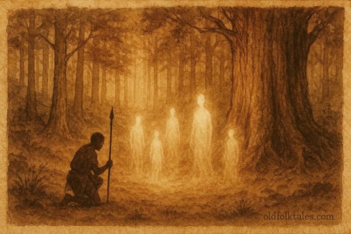 A hunter kneeling before forest spirits in sacred Cameroon forest clearing.