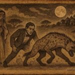 Bride witnessing groom transform into hyena at night, Eritrean folktale scene