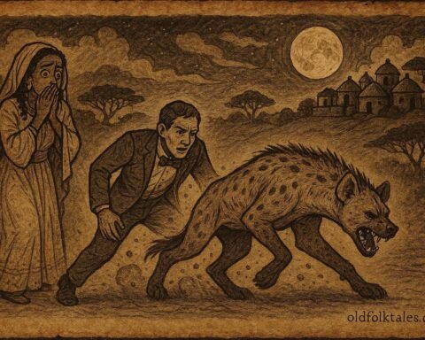 Bride witnessing groom transform into hyena at night, Eritrean folktale scene