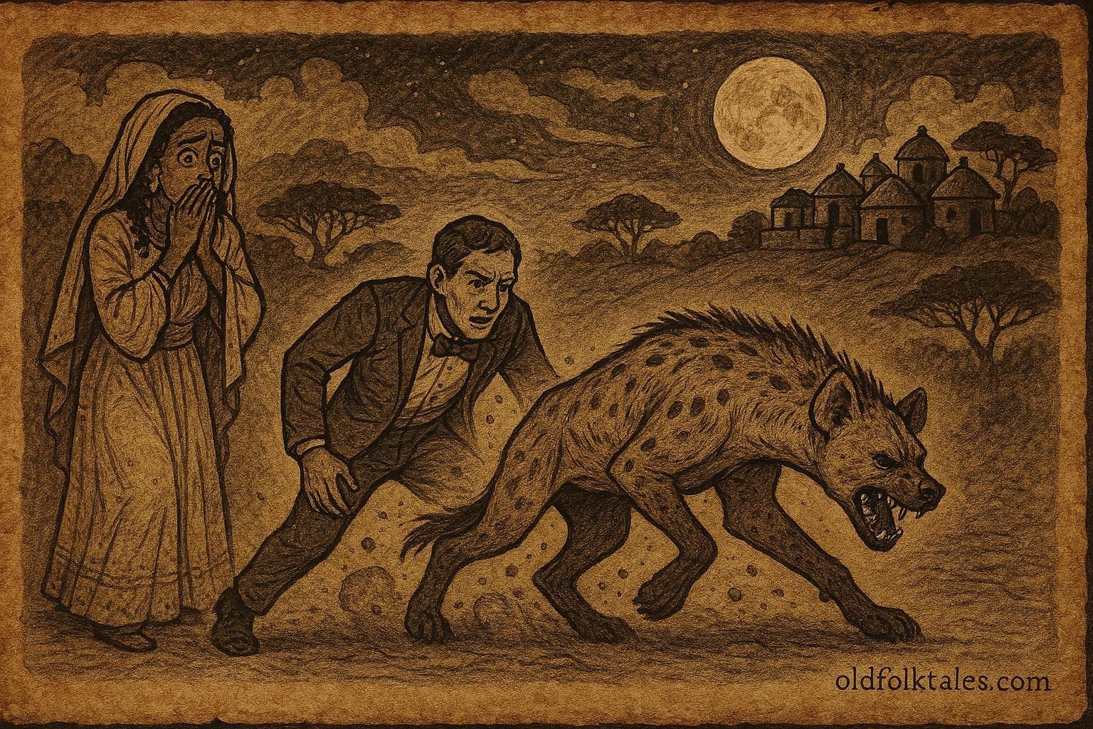 Bride witnessing groom transform into hyena at night, Eritrean folktale scene