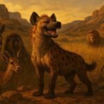 A hyena boasting before animals as lion approaches, Ethiopian folktale scene.