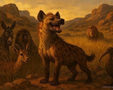 A hyena boasting before animals as lion approaches, Ethiopian folktale scene.