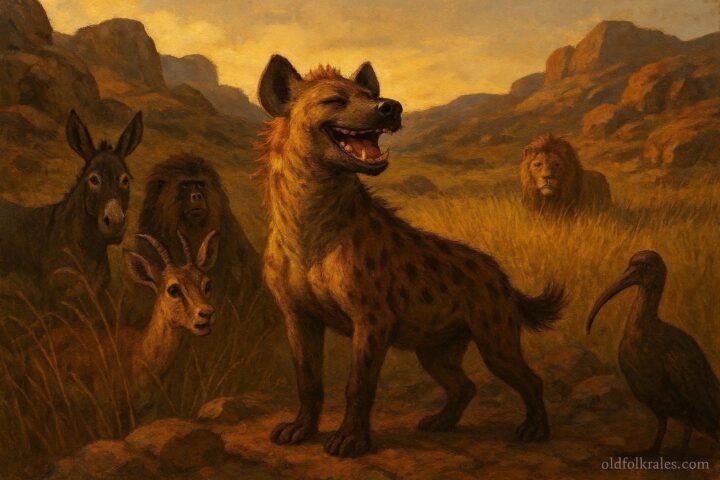 A hyena boasting before animals as lion approaches, Ethiopian folktale scene.
