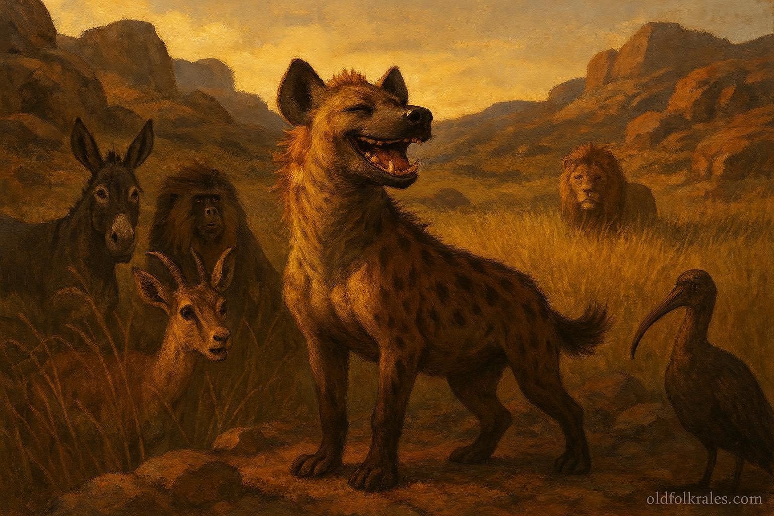 A hyena boasting before animals as lion approaches, Ethiopian folktale scene.