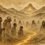 An illustration of villagers in Ugandan highlands following invisible spiritual path to mountain.