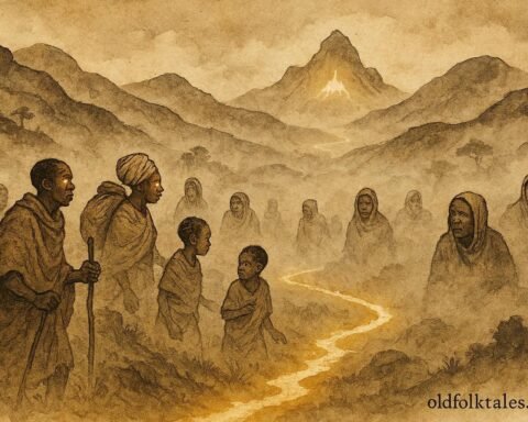 An illustration of villagers in Ugandan highlands following invisible spiritual path to mountain.