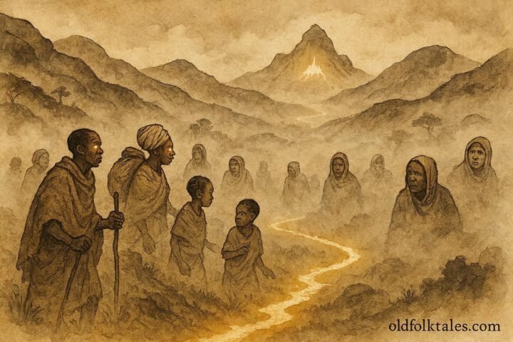 An illustration of villagers in Ugandan highlands following invisible spiritual path to mountain.