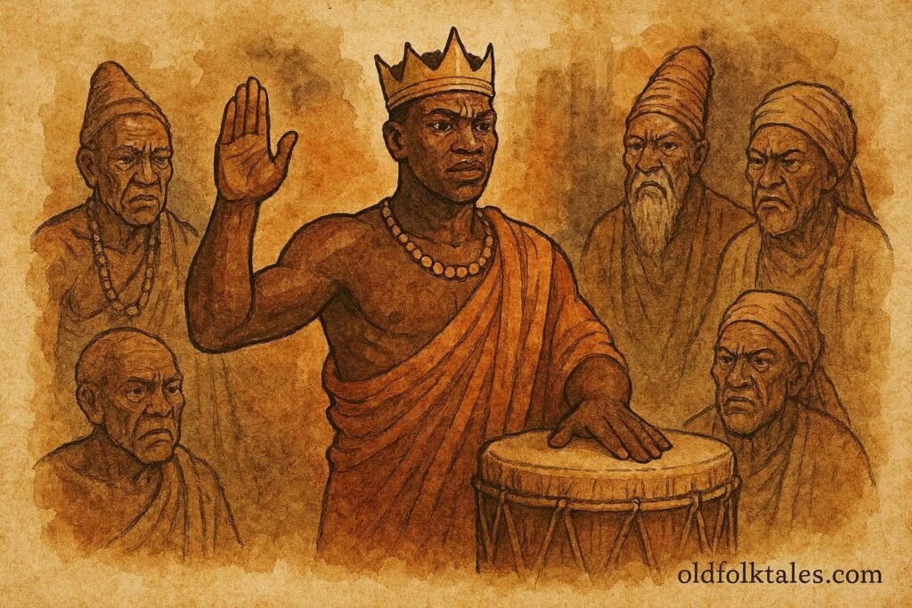 illustration of a king taking oath before sacred drum, Burundian folktale scene.