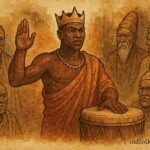 illustration of a king taking oath before sacred drum, Burundian folktale scene.