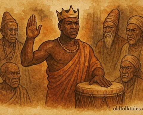 illustration of a king taking oath before sacred drum, Burundian folktale scene.