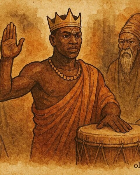 illustration of a king taking oath before sacred drum, Burundian folktale scene.